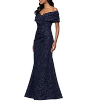 Betsy & Adam Petite Size Stretch Jacquard Off-the-Shoulder Dress