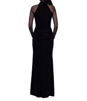 Betsy & Adam Petite Size Stretch Velvet Mock Neck Long Illusion Sleeve Gown