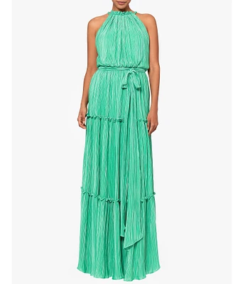 Betsy & Adam Pleated Bodre Halter Ruffle Neck Sleeveless Tie Waist Tiered Dress