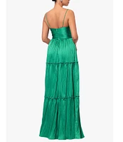 Betsy & Adam Pleated V-Neck Sleeveless Tiered Gown