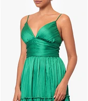 Betsy & Adam Pleated V-Neck Sleeveless Tiered Gown