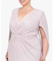 Betsy & Adam Plus Size 3/4 Cape Sleeve Deep V-Neck Drape Back Long Dress