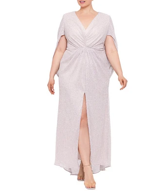 Betsy & Adam Plus Size 3/4 Cape Sleeve Deep V-Neck Drape Back Long Dress