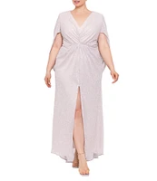 Betsy & Adam Plus Size 3/4 Cape Sleeve Deep V-Neck Drape Back Long Dress