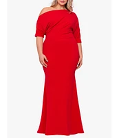 Betsy & Adam Plus Size Asymmetrical Off-the-Shoulder Scuba Crepe Dress