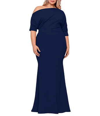 Betsy & Adam Plus Size Asymmetrical Off-the-Shoulder Scuba Crepe Dress