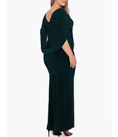 Betsy & Adam Plus Size Boat Neck 3/4 Drape Sleeve Gown