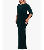 Betsy & Adam Plus Size Boat Neck 3/4 Drape Sleeve Gown