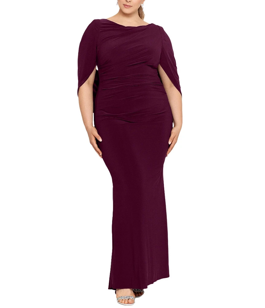 Betsy & Adam Plus Size Boat Neck 3/4 Drape Sleeve Gown