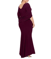 Betsy & Adam Plus Size Boat Neck 3/4 Drape Sleeve Gown