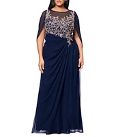 Betsy & Adam Plus Size Boat Neck Cap Sleeve Drape Back Chiffon Applique Sheath Gown