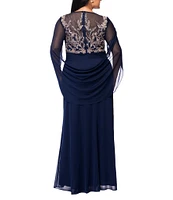 Betsy & Adam Plus Size Boat Neck Cap Sleeve Drape Back Chiffon Applique Sheath Gown