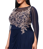 Betsy & Adam Plus Size Boat Neck Cap Sleeve Drape Back Chiffon Applique Sheath Gown