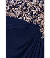 Betsy & Adam Plus Size Boat Neck Cap Sleeve Drape Back Chiffon Applique Sheath Gown