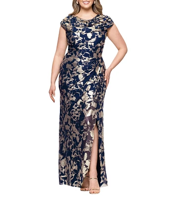 Betsy & Adam Plus Size Cowl Neck Stretch Foil Dress