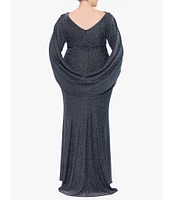 Betsy & Adam Plus Size Draped Back 3/4 Cape Sleeve Round Neck Metallic Knit Ruched Sheath Gown