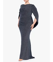 Betsy & Adam Plus Size Draped Back 3/4 Cape Sleeve Round Neck Metallic Knit Ruched Sheath Gown