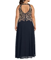 Betsy & Adam Plus Size Halter Neck Sleeveless Beaded A Line Chiffon Gown