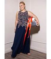 Betsy & Adam Plus Size Halter Neck Sleeveless Beaded A Line Chiffon Gown
