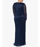 Betsy & Adam Plus Size Long Sleeve Ruched Waist Surplice V-Neck Cascade Ruffle Metallic Crinkle Gown