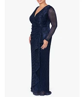 Betsy & Adam Plus Size Long Sleeve Ruched Waist Surplice V-Neck Cascade Ruffle Metallic Crinkle Gown