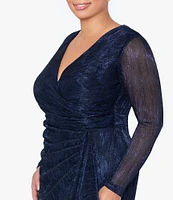 Betsy & Adam Plus Size Long Sleeve Ruched Waist Surplice V-Neck Cascade Ruffle Metallic Crinkle Gown