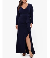 Betsy & Adam Plus Size Long Sleeve V-Neck Cascade Ruffle Front Slit Gown