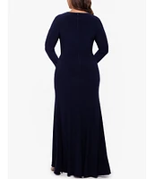 Betsy & Adam Plus Size Long Sleeve V-Neck Cascade Ruffle Front Slit Gown