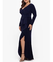 Betsy & Adam Plus Size Long Sleeve V-Neck Cascade Ruffle Front Slit Gown