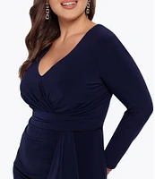 Betsy & Adam Plus Size Long Sleeve V-Neck Cascade Ruffle Front Slit Gown