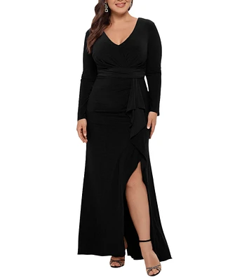 Betsy & Adam Plus Size Long Sleeve V-Neck Cascade Ruffle Front Slit Gown