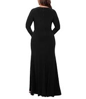 Betsy & Adam Plus Size Long Sleeve V-Neck Cascade Ruffle Front Slit Gown