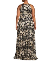 Betsy & Adam Plus Size Metallic Crinkle Sleeveless Halter Neck Foil Floral Print A-Line Gown