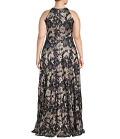 Betsy & Adam Plus Size Metallic Crinkle Sleeveless Halter Neck Foil Floral Print A-Line Gown