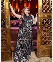 Betsy & Adam Plus Size Metallic Crinkle Sleeveless Halter Neck Foil Floral Print A-Line Gown