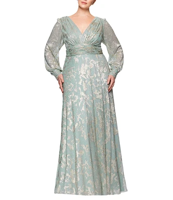 Betsy & Adam Plus Size Metallic Knit Foiled Print V Neck Long Sleeve A-Line Gown