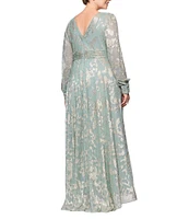 Betsy & Adam Plus Size Metallic Knit Foiled Print V Neck Long Sleeve A-Line Gown