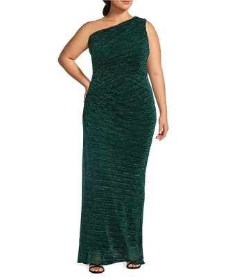 Betsy & Adam Plus Size One Shoulder Asymmetrical Neck Sleeveless Metallic Crinkle Gown