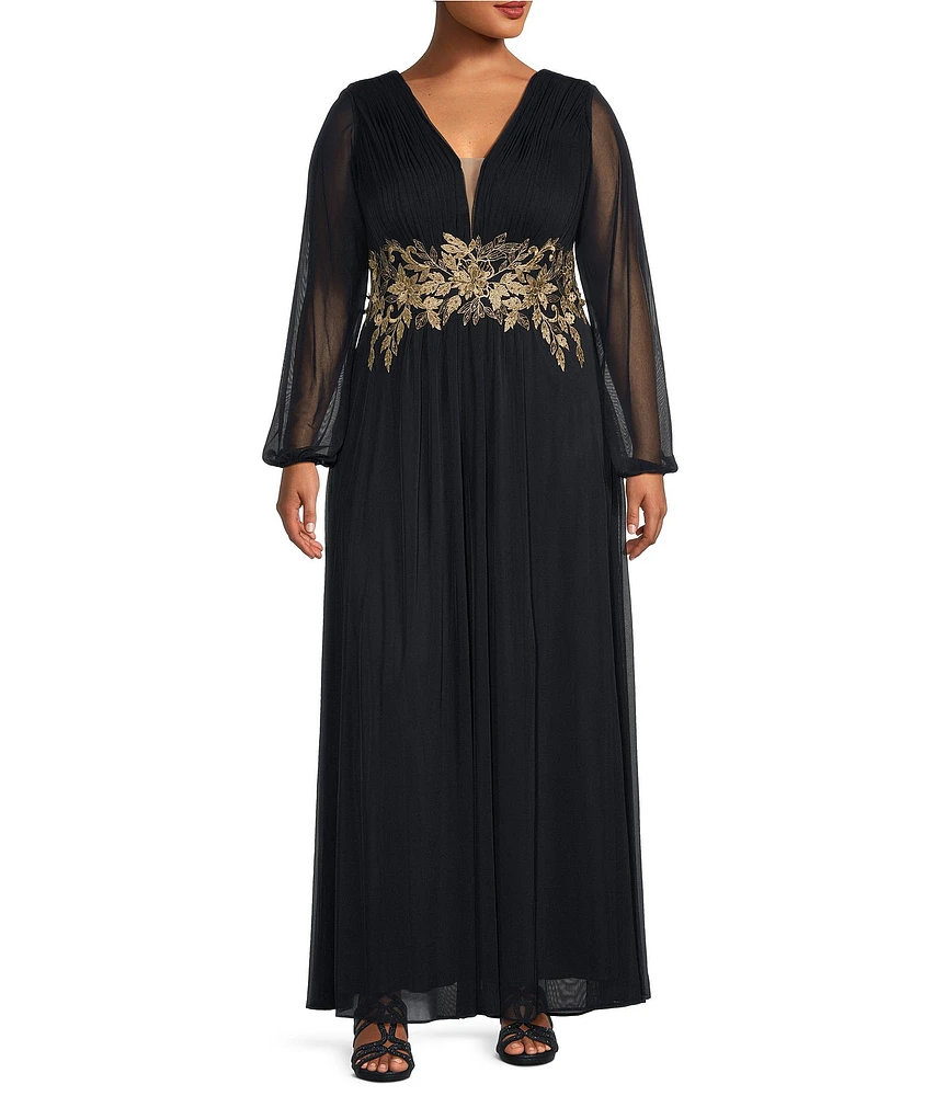 Betsy & Adam Plus Size Power Mesh Plunge V-Neck Long Sleeve Embroidered A-Line Gown