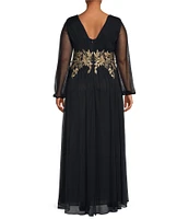 Betsy & Adam Plus Size Power Mesh Plunge V-Neck Long Sleeve Embroidered A-Line Gown