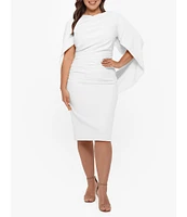 Betsy & Adam Plus Size Round Neck Draped Back 3/4 Sleeve Ruched Front Stretch Sheath Dress