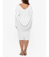 Betsy & Adam Plus Size Round Neck Draped Back 3/4 Sleeve Ruched Front Stretch Sheath Dress