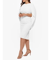 Betsy & Adam Plus Size Round Neck Draped Back 3/4 Sleeve Ruched Front Stretch Sheath Dress