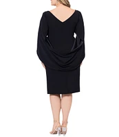 Betsy & Adam Plus Size Round Neck Draped Back 3/4 Sleeve Ruched Front Stretch Sheath Dress