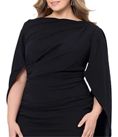 Betsy & Adam Plus Size Round Neck Draped Back 3/4 Sleeve Ruched Front Stretch Sheath Dress