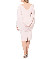 Betsy & Adam Plus Size Round Neck Draped Back 3/4 Sleeve Ruched Front Stretch Sheath Dress