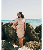 Betsy & Adam Plus Size Round Neck Draped Back 3/4 Sleeve Ruched Front Stretch Sheath Dress