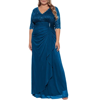 Betsy & Adam Plus Size Sequin Lace V-Neck 3/4 Sleeve Gown