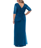 Betsy & Adam Plus Size Sequin Lace V-Neck 3/4 Sleeve Gown