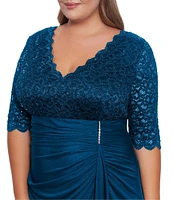 Betsy & Adam Plus Size Sequin Lace V-Neck 3/4 Sleeve Gown